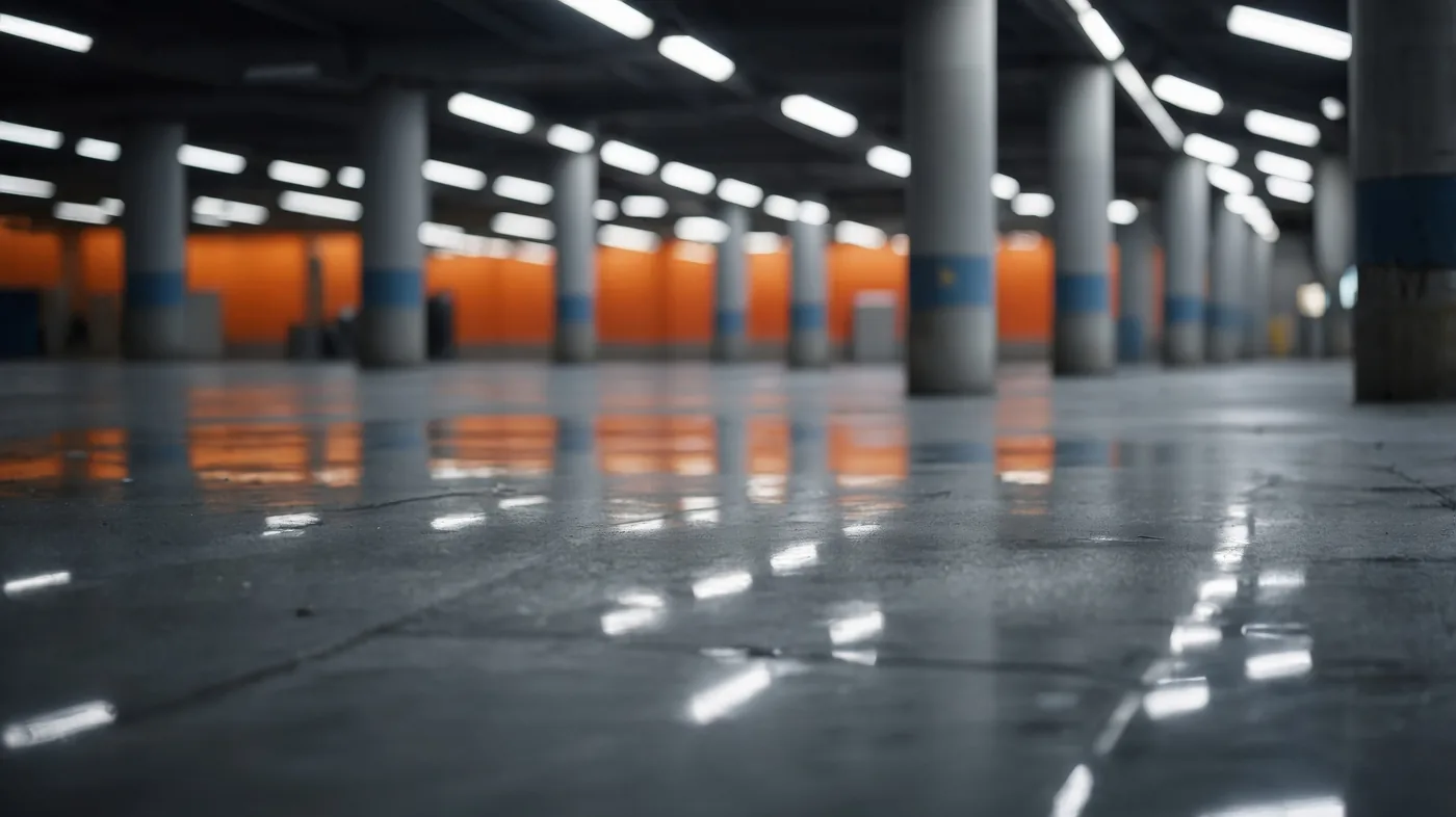 Decorative flake epoxy floor coating with columns Tampa