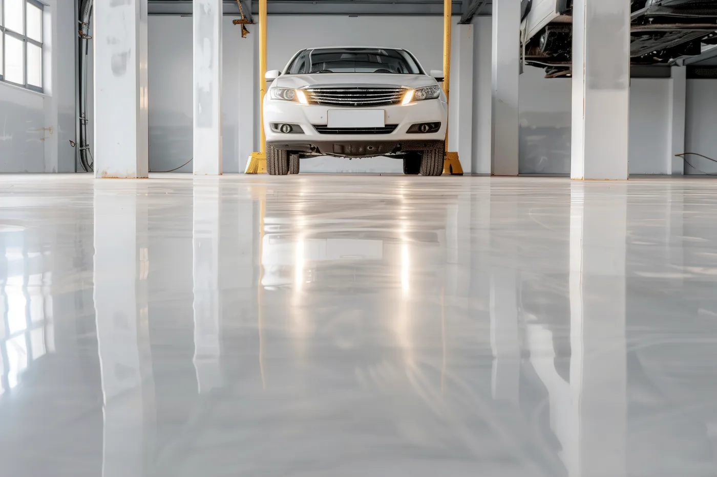 Glossy epoxy workshop floor with vehicle lift Tampa